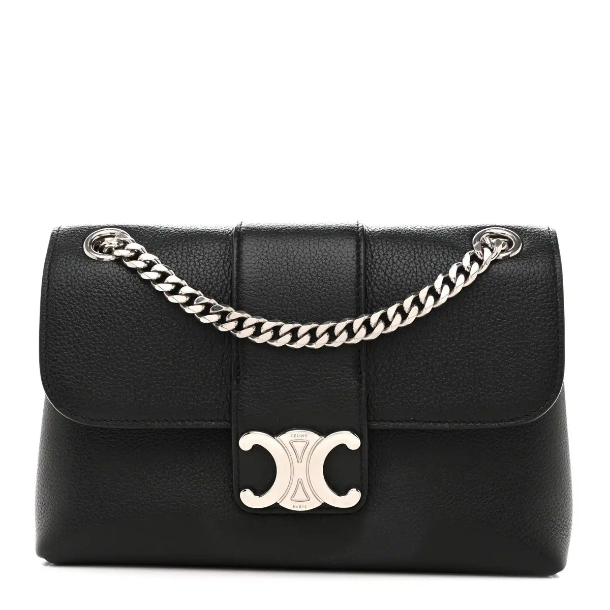 Black leather shoulder bag with chain strap and silver C logo clasp
