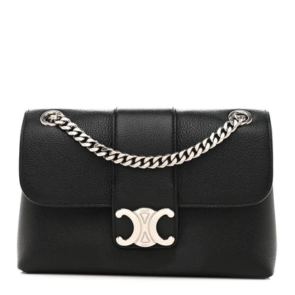 Black leather shoulder bag with chain strap and silver C logo clasp