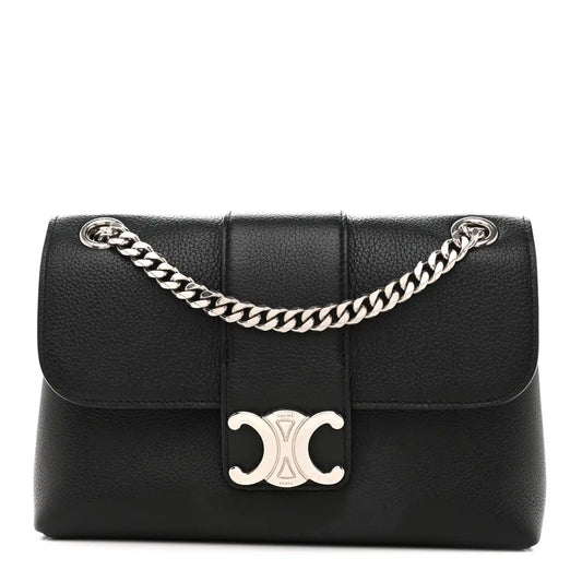 Black leather shoulder bag with chain strap and silver C logo clasp