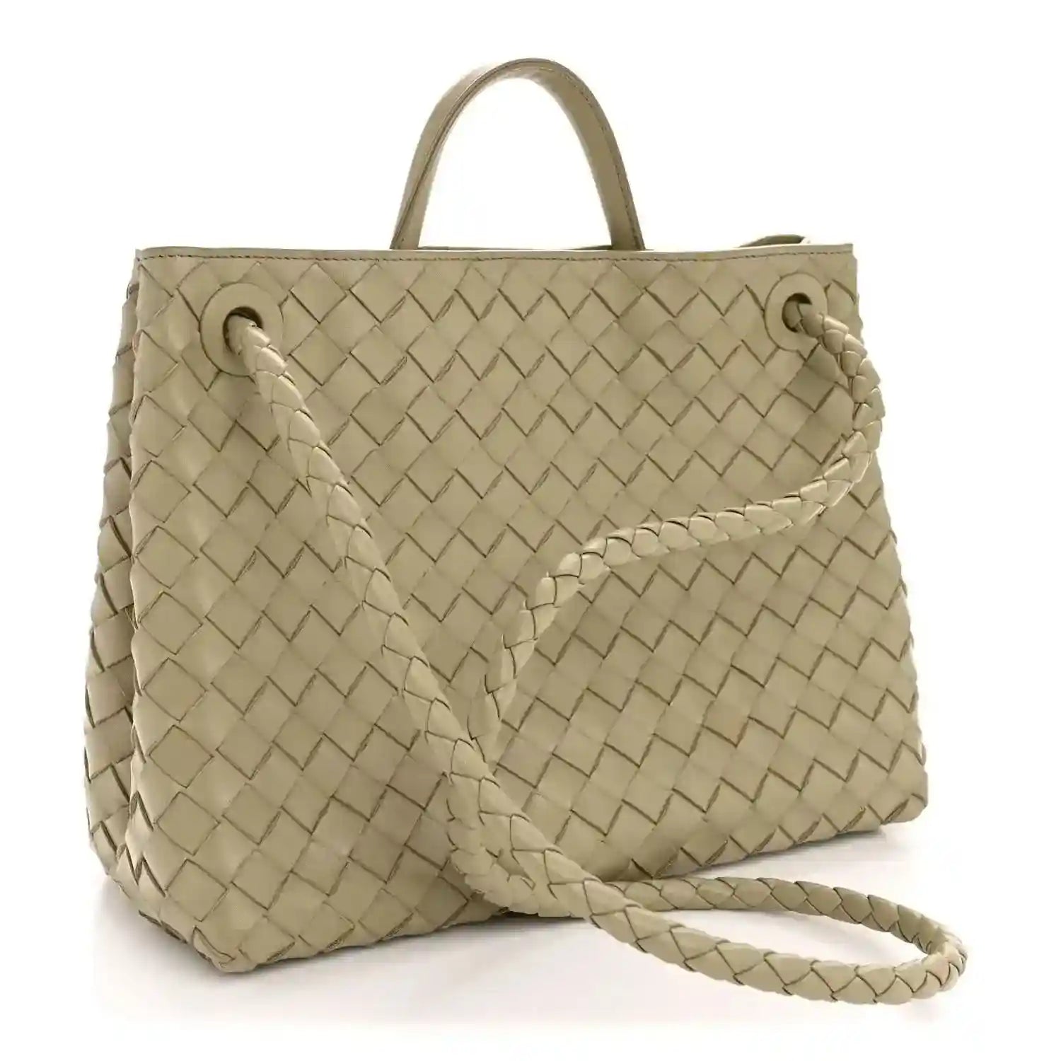 Woven leather tote with two top ties and braided shoulder strap, light tan