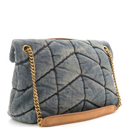 Denim quilted small satchel with gold chain handles and tan leather bottom band