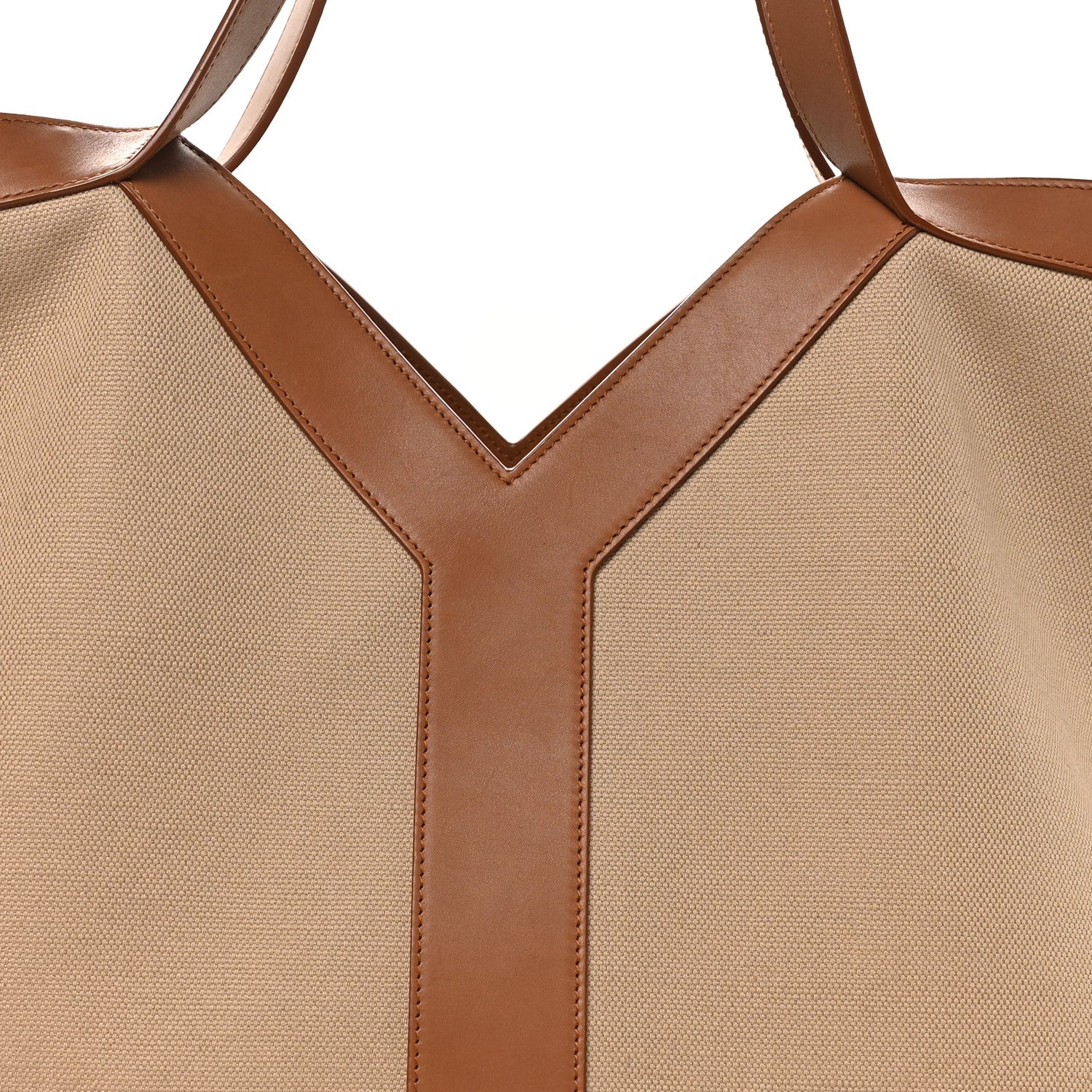 Canvas Y tote handles with V-shaped leather yoke and stitched trim, desert dust