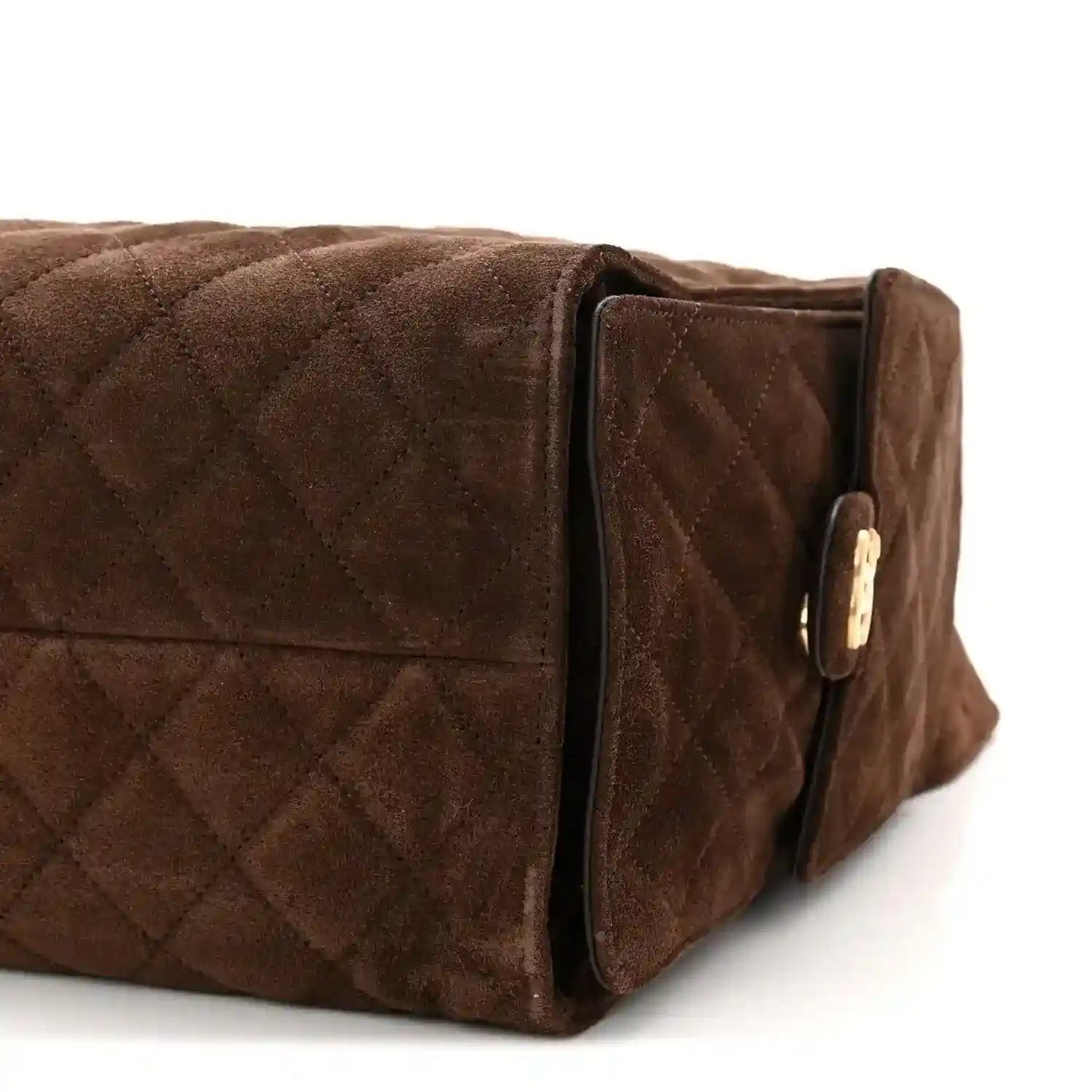 Chanel suede quilted medium handbag in dark brown with flap and gold clasp