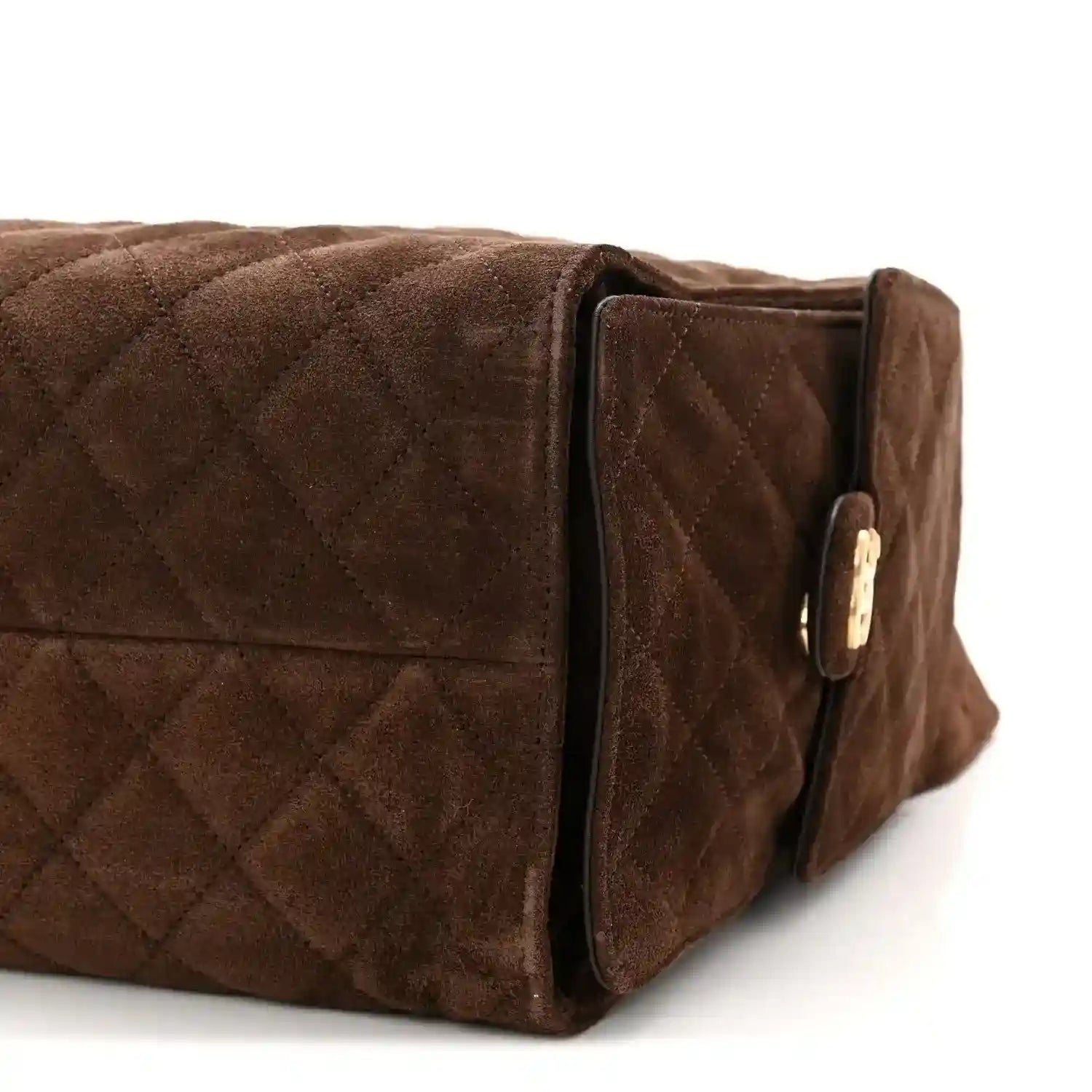 Chanel suede quilted medium handbag in dark brown with flap and gold clasp