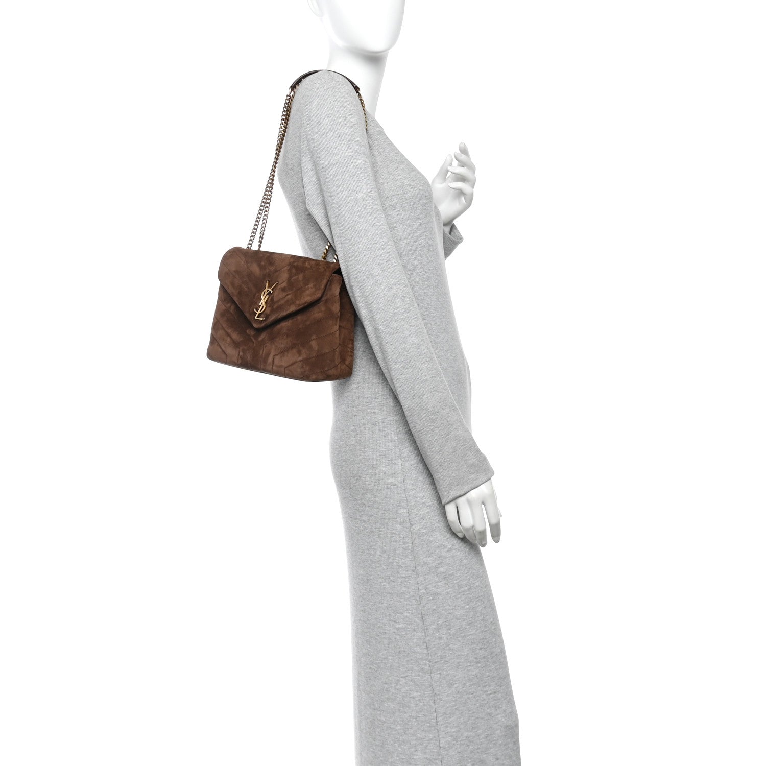 Small quilted suede crossbody satchel with chain strap and flap, dark brown