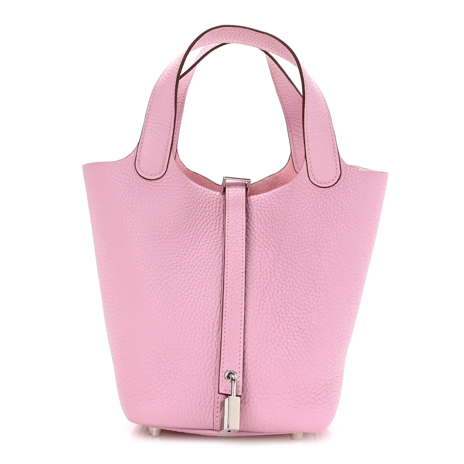 Rose pink leather handbag with top handles and front lock detail