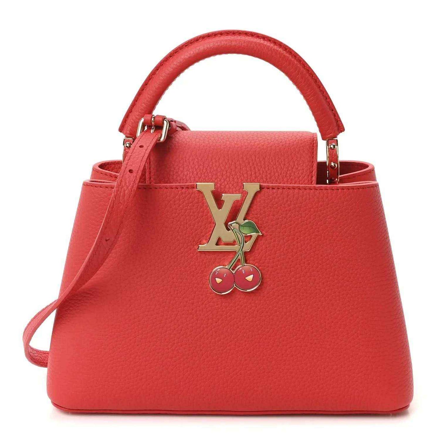 Red leather mini handbag with top handles and gold cherry LV charm centerpiece.
