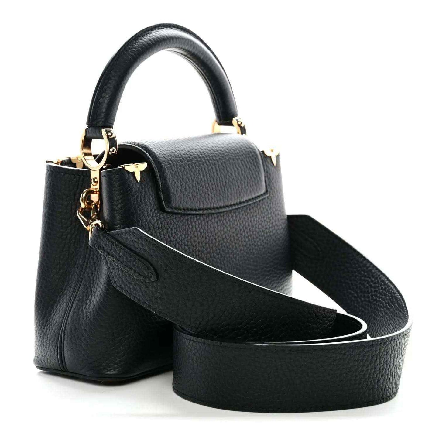 Black mini handbag with flap front, gold LV charm, and detachable crossbody strap