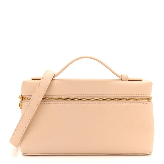 Cream grained calfskin pouch with top handle and gold-tone zip closure