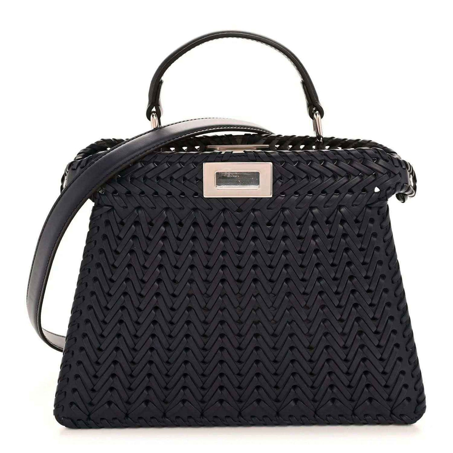 Nappa satchel with chevron woven texture, top handles, and silver-tone logo plaque