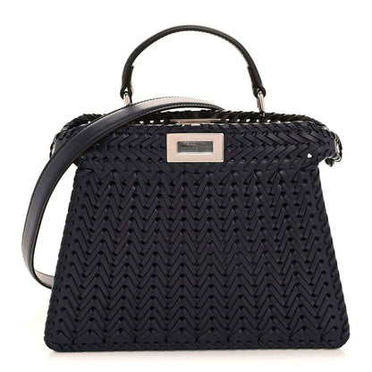 Nappa satchel with chevron woven texture, top handles, and silver-tone logo plaque