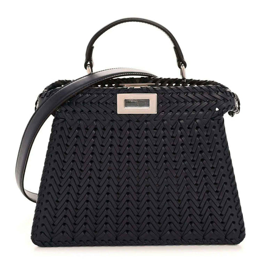 Nappa satchel with chevron woven texture, top handles, and silver-tone logo plaque