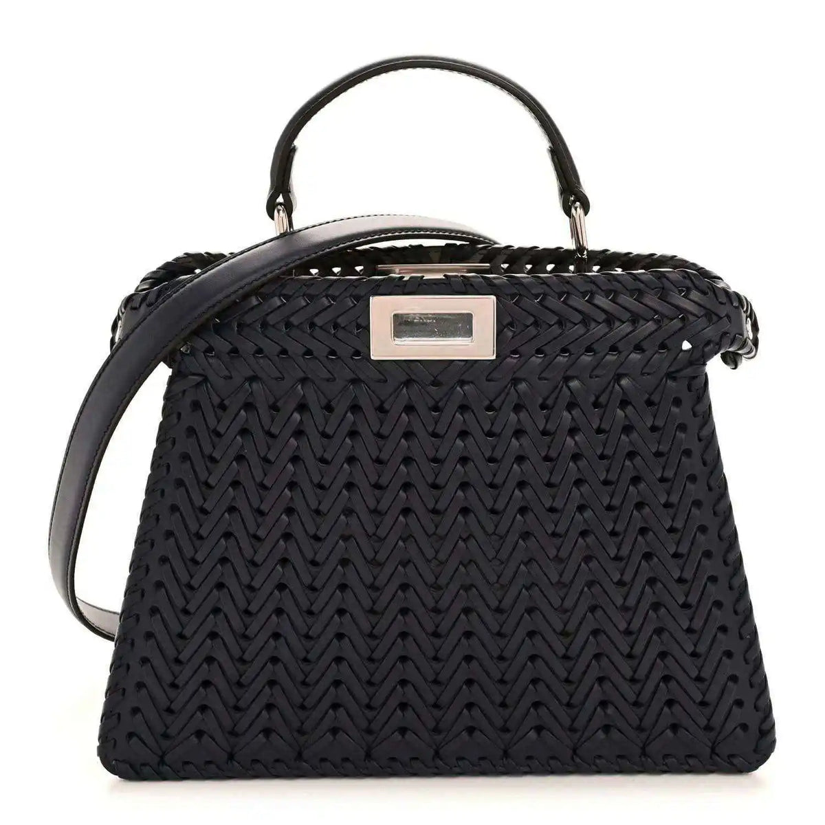 Nappa satchel with chevron woven texture, top handles, and silver-tone logo plaque