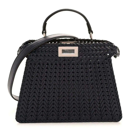Nappa satchel with chevron woven texture, top handles, and silver-tone logo plaque