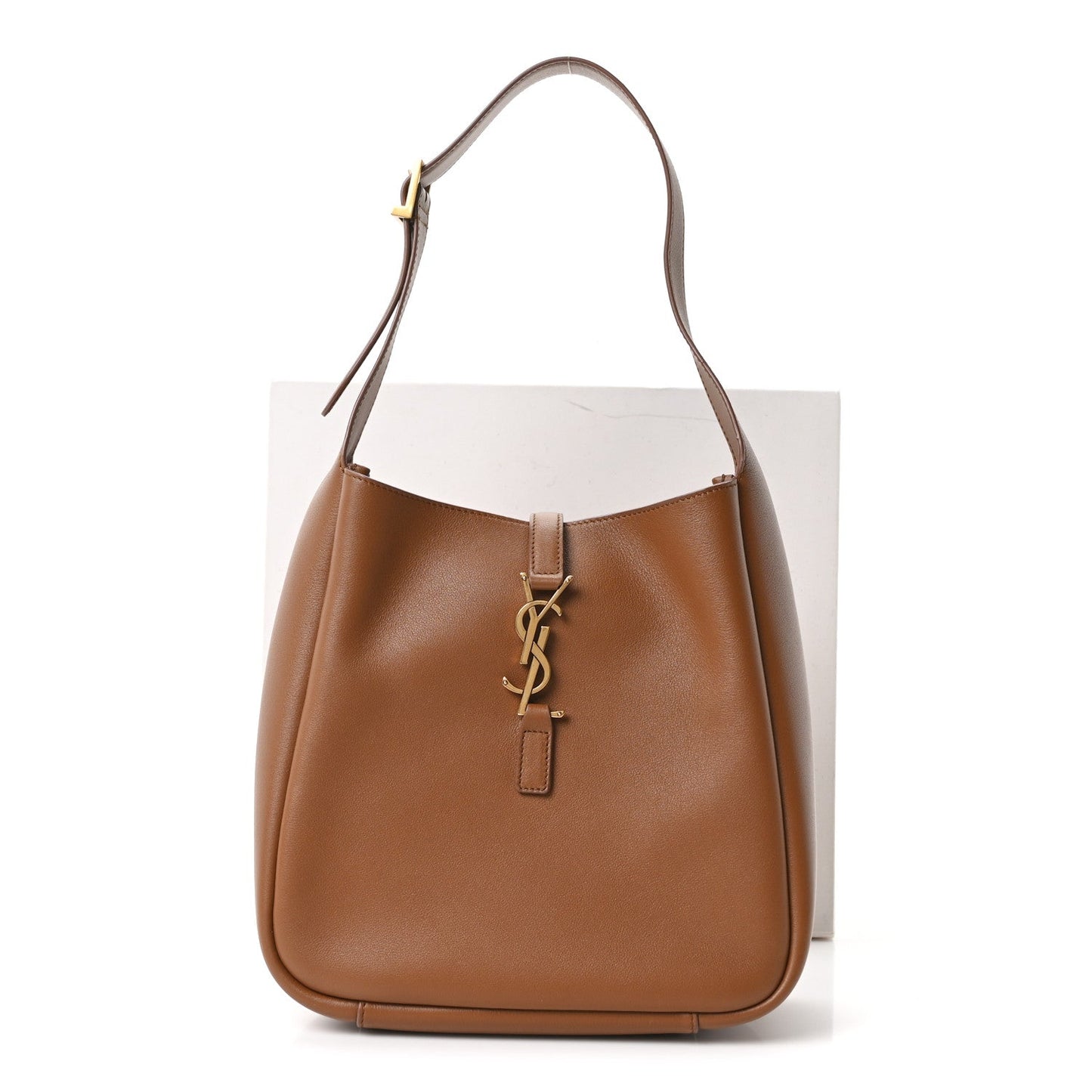 Tan smooth calfskin hobo bag with curved handle and YSL logo charm