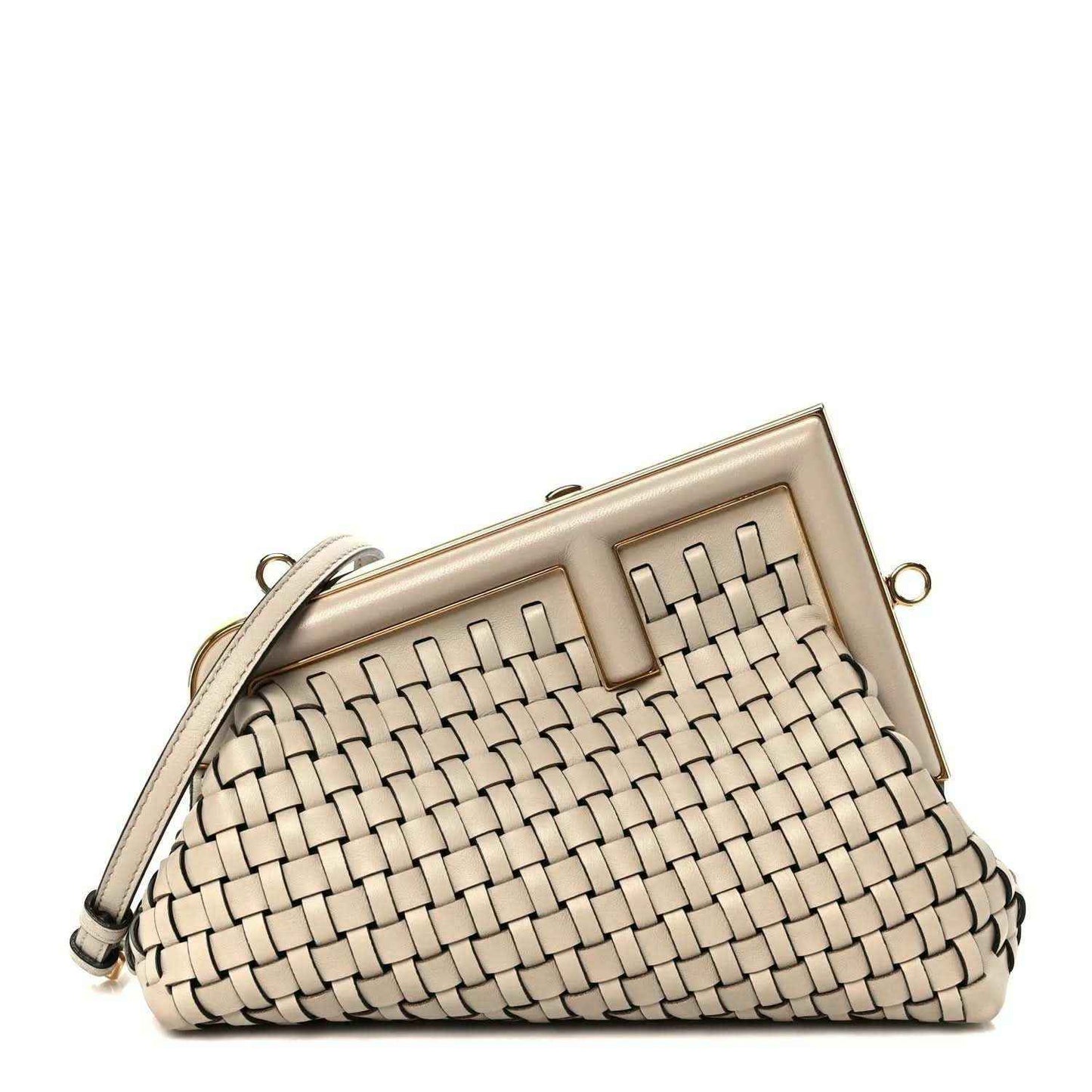 Ivory woven leather clutch crossbody bag with top frame clasp and strap