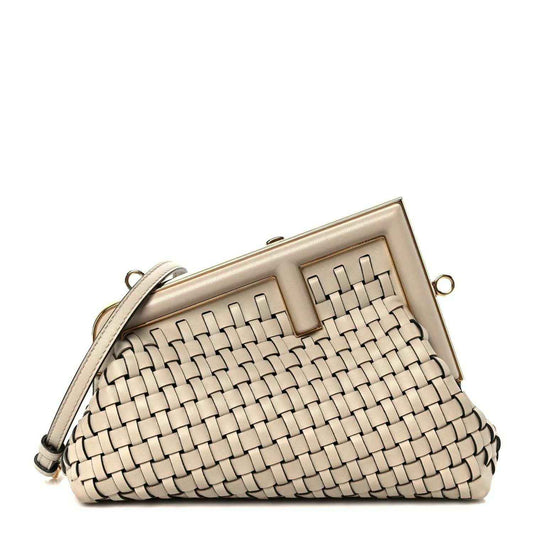 Ivory woven leather clutch crossbody bag with top frame clasp and strap