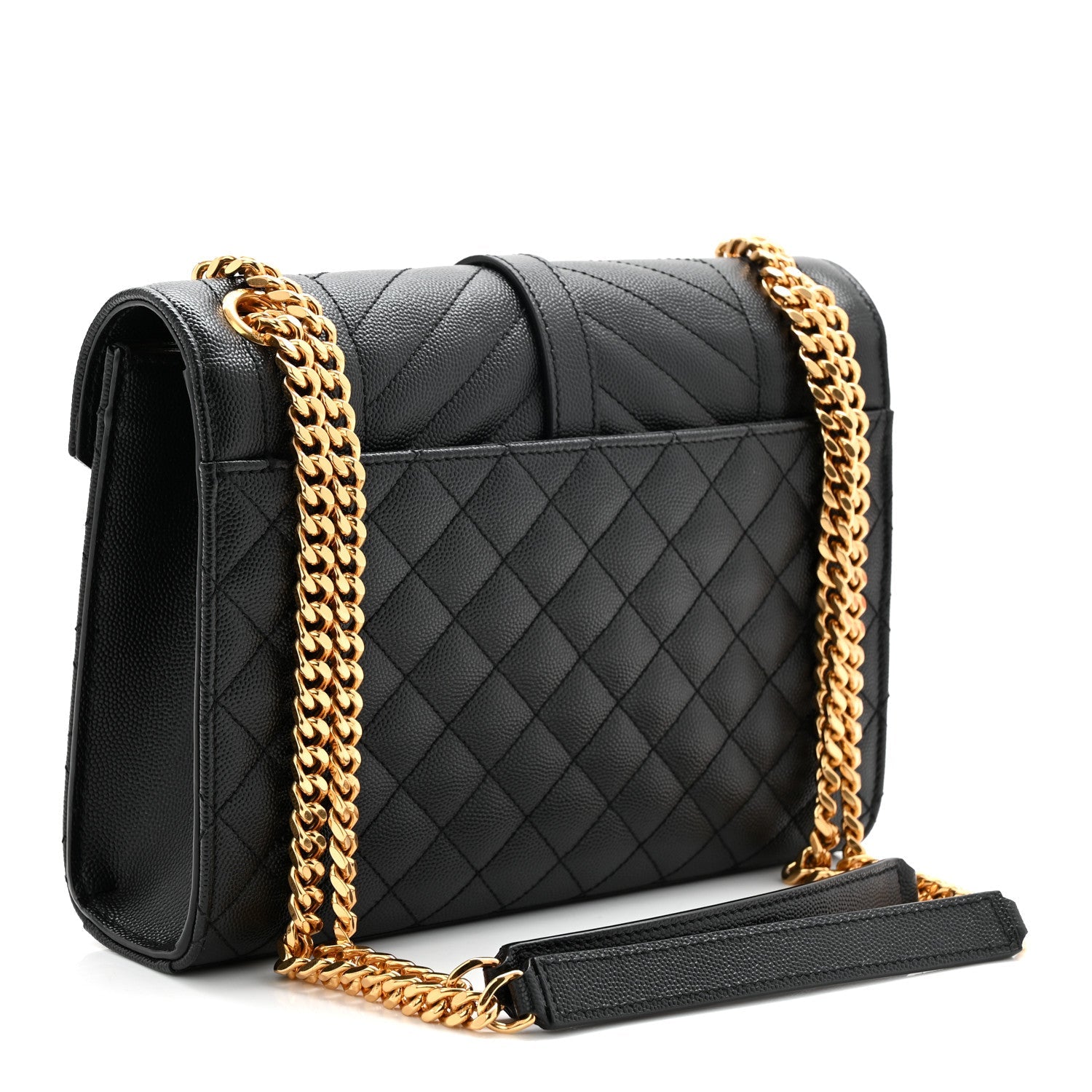 Black quilted satchel bag with gold chain, flap front, and YSL monogram