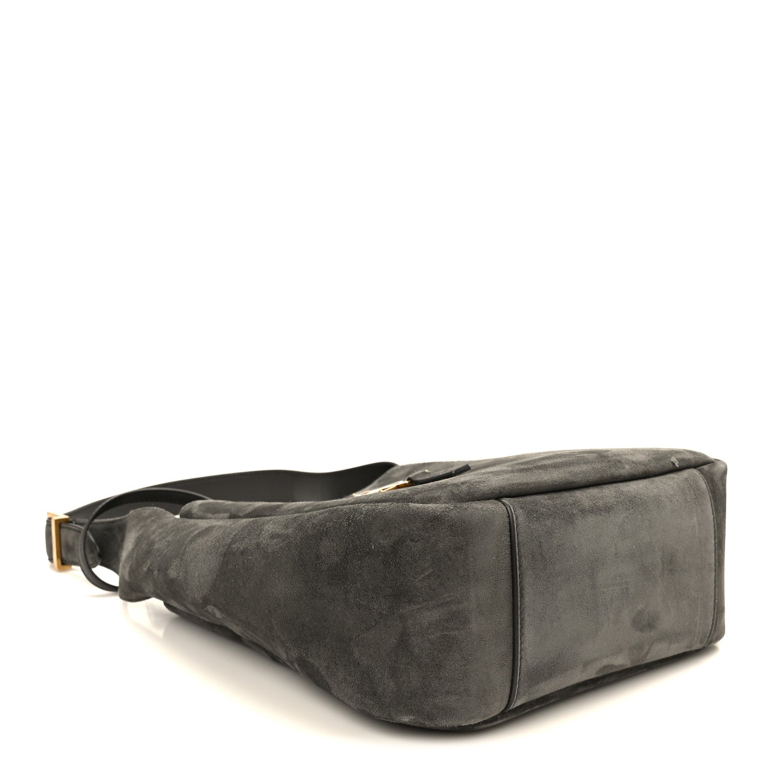 Grey suede mini hobo bag lying flat with adjustable strap and gold hardware