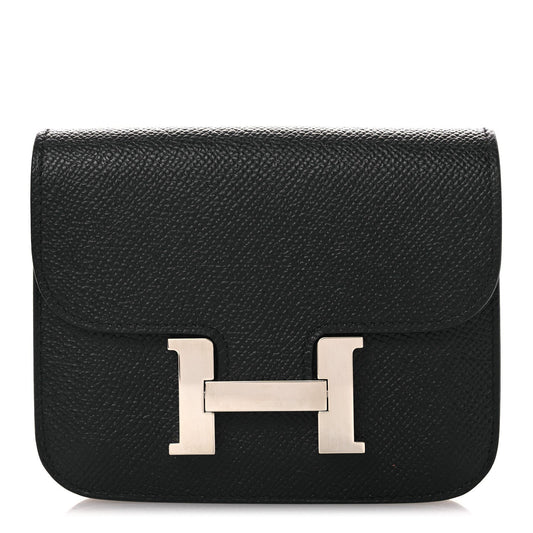 Black slim leather wallet with front H clasp