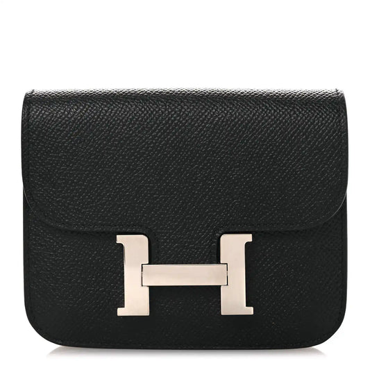 Black slim leather wallet with front H clasp