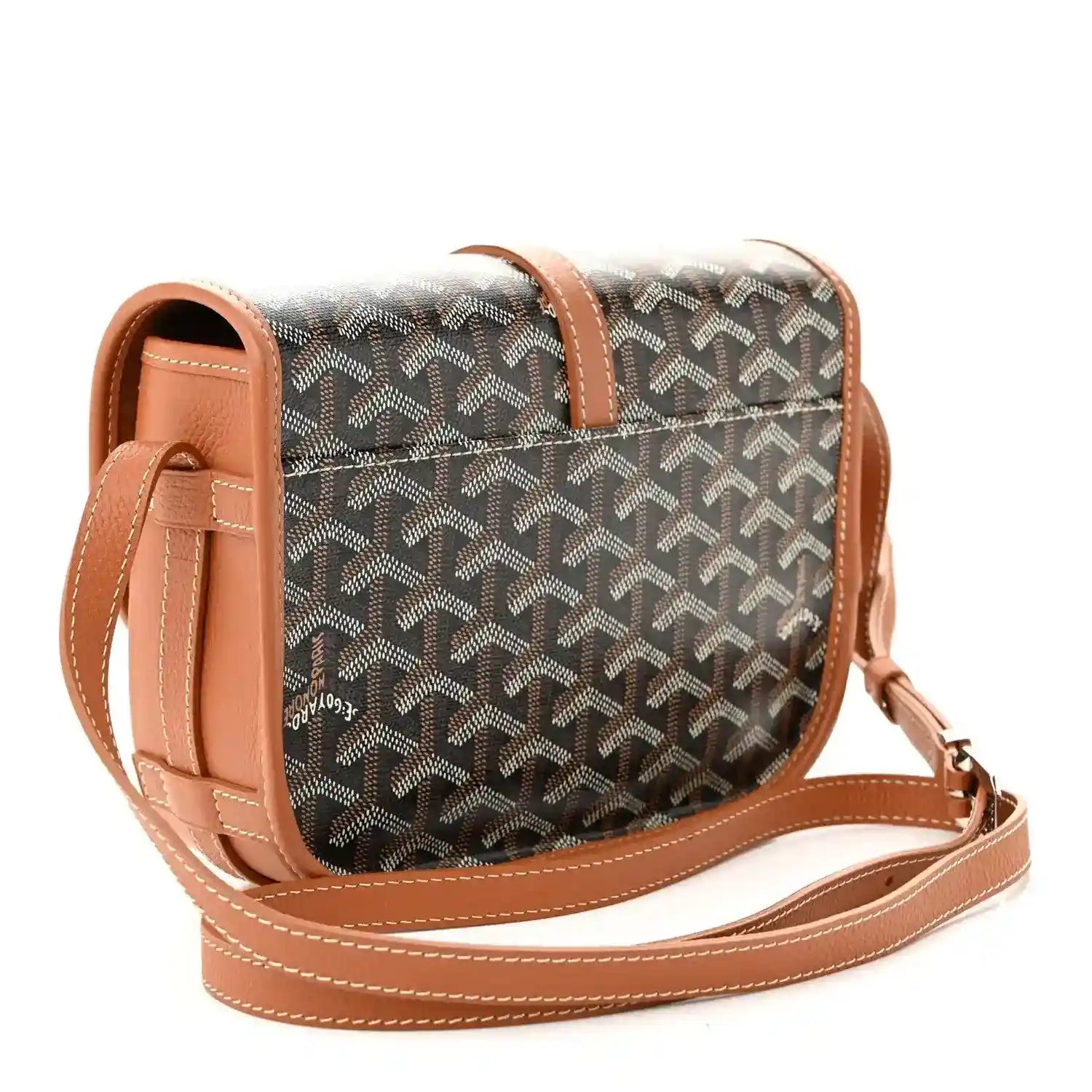 Monogram messenger bag with tan leather top handle, dark patterned body and crossbody strap