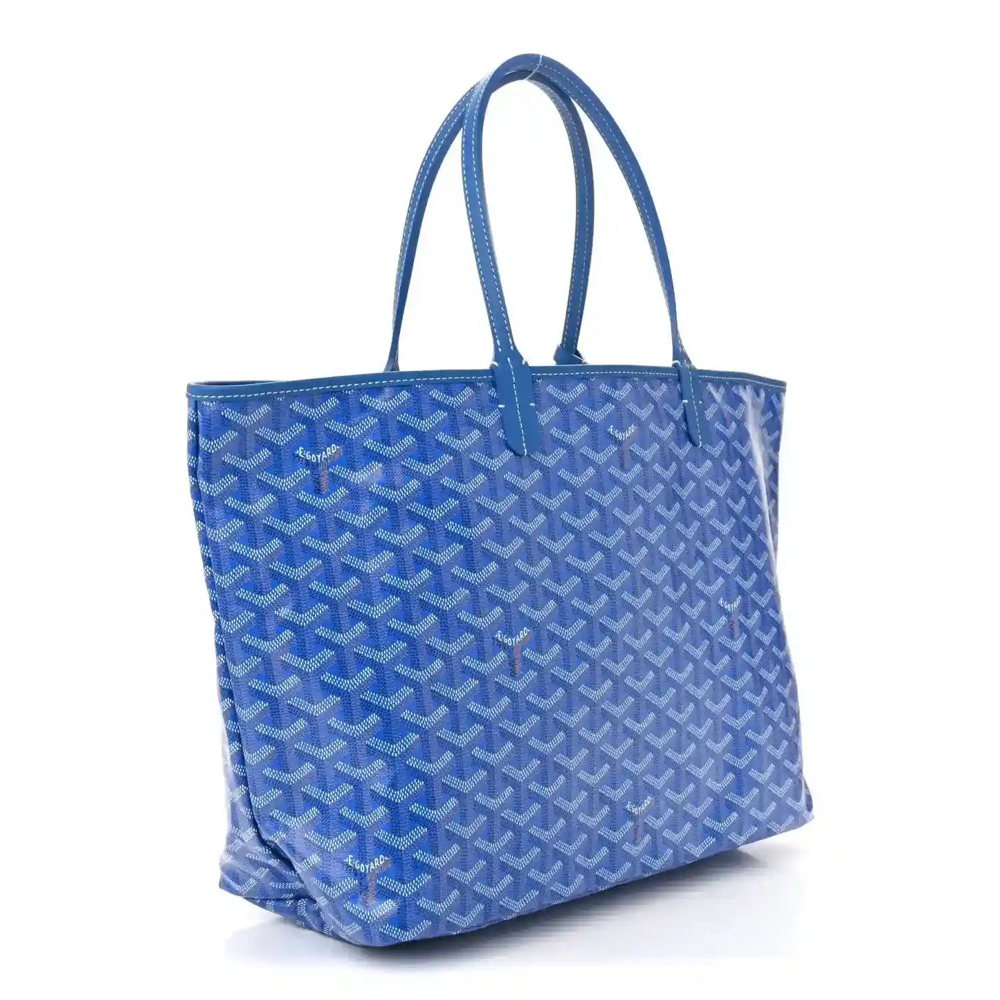 Sky blue Goyardine tote bag with long top handles, angled front view