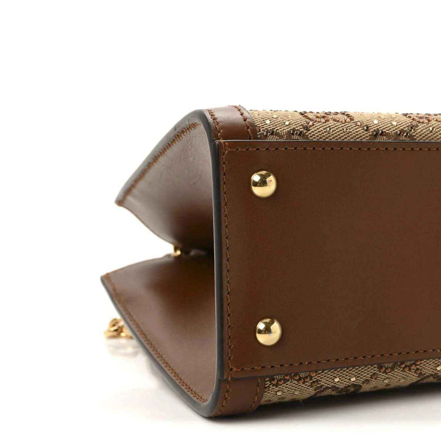Gucci mini tote bag corner, brown leather with gold dome studs and tan monogram trim