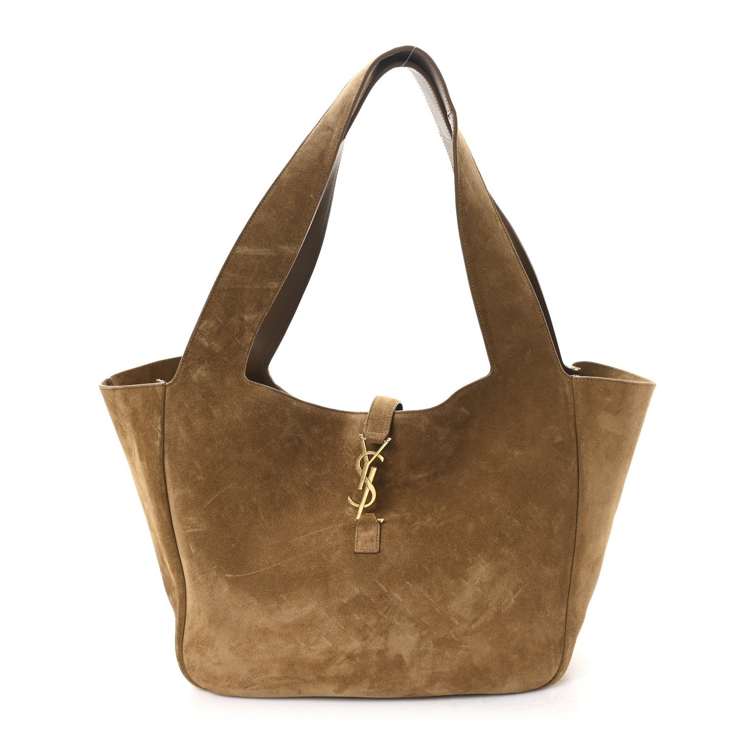 Suede tote bag with top handles and YSL charm, golden-brown suede