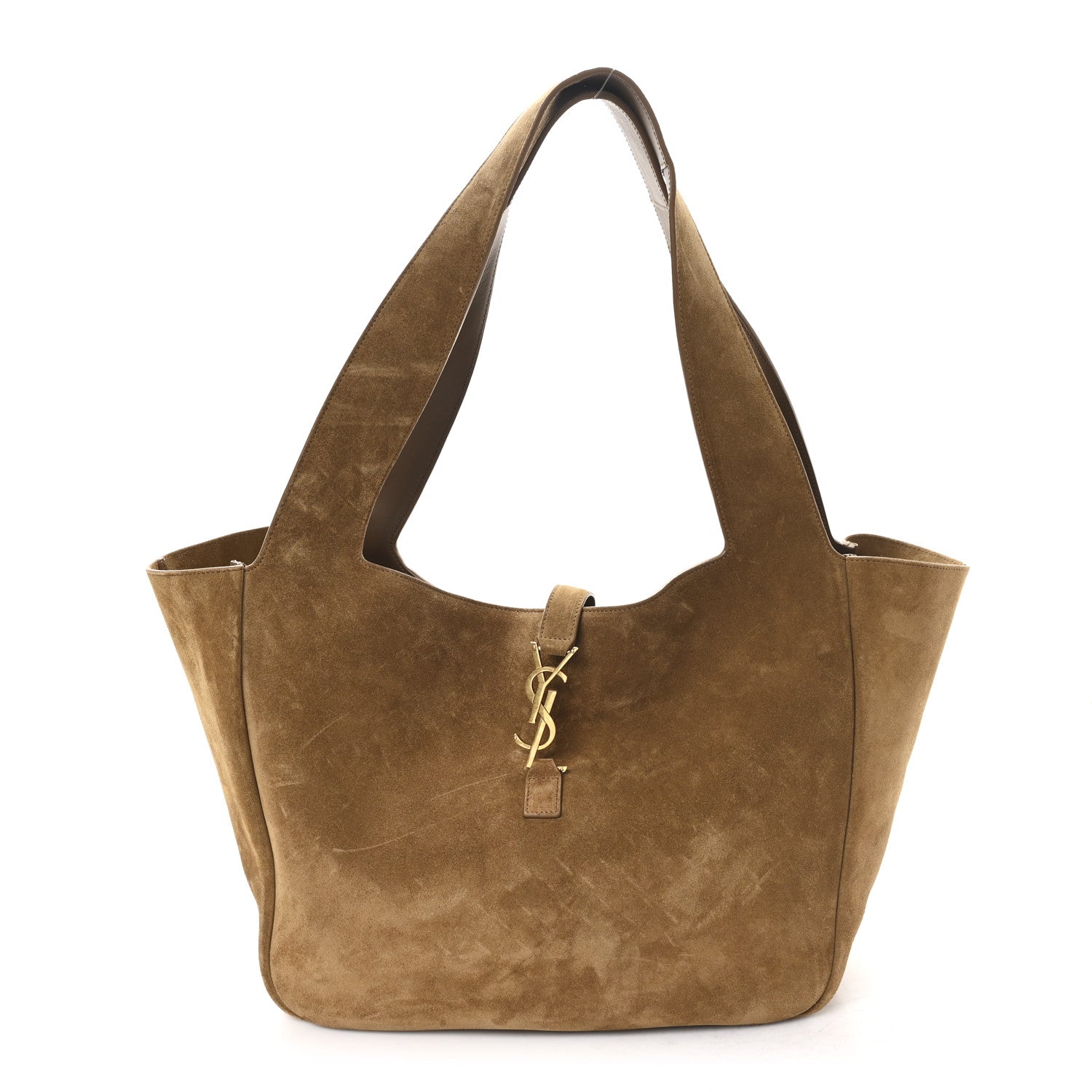 Suede tote bag with top handles and YSL charm, golden-brown suede