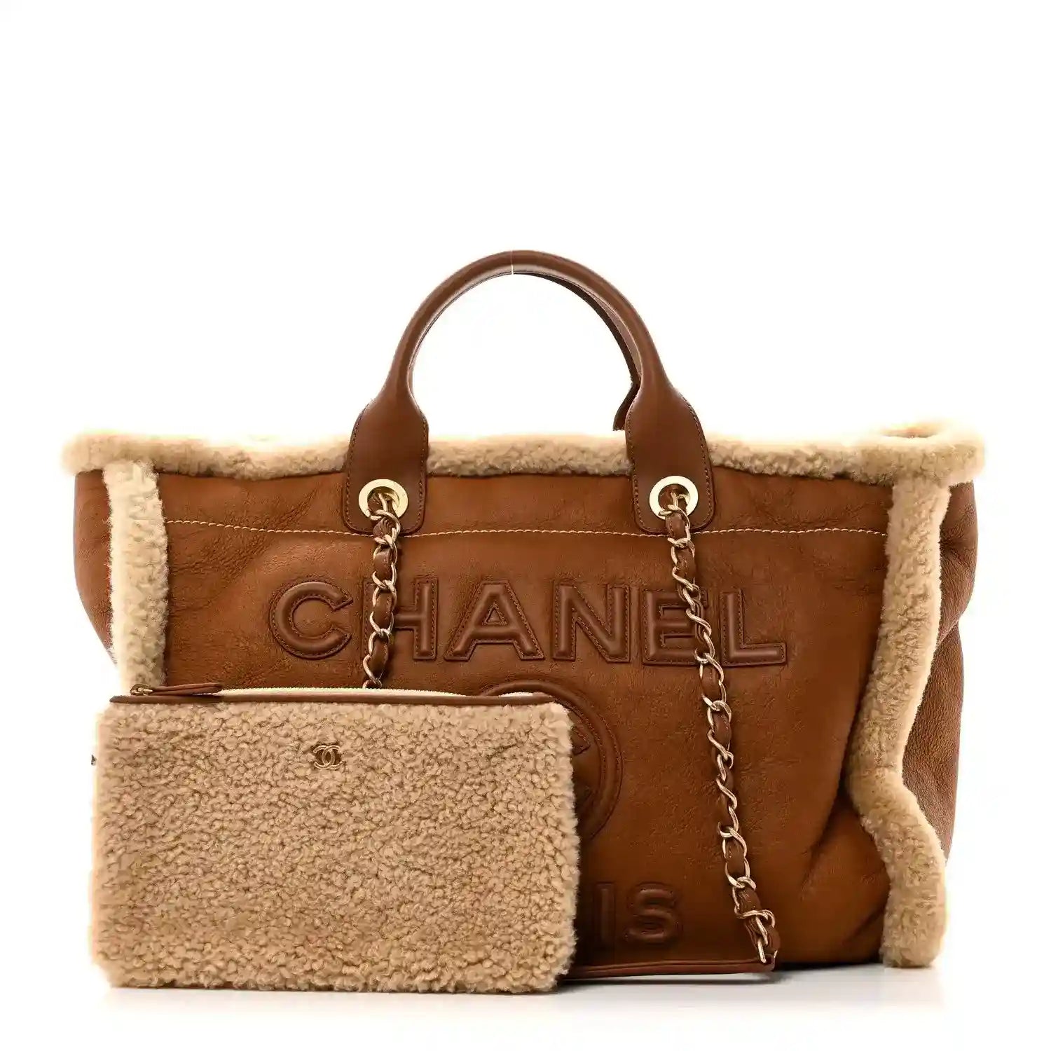 Chanel medium tote bag with brown lambskin and shearling trim, plus matching pouch