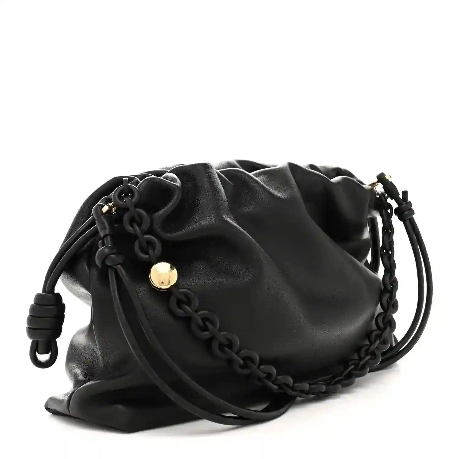 Black leather flamenco bag with knotted drawstring top and gold-tone padlock charm