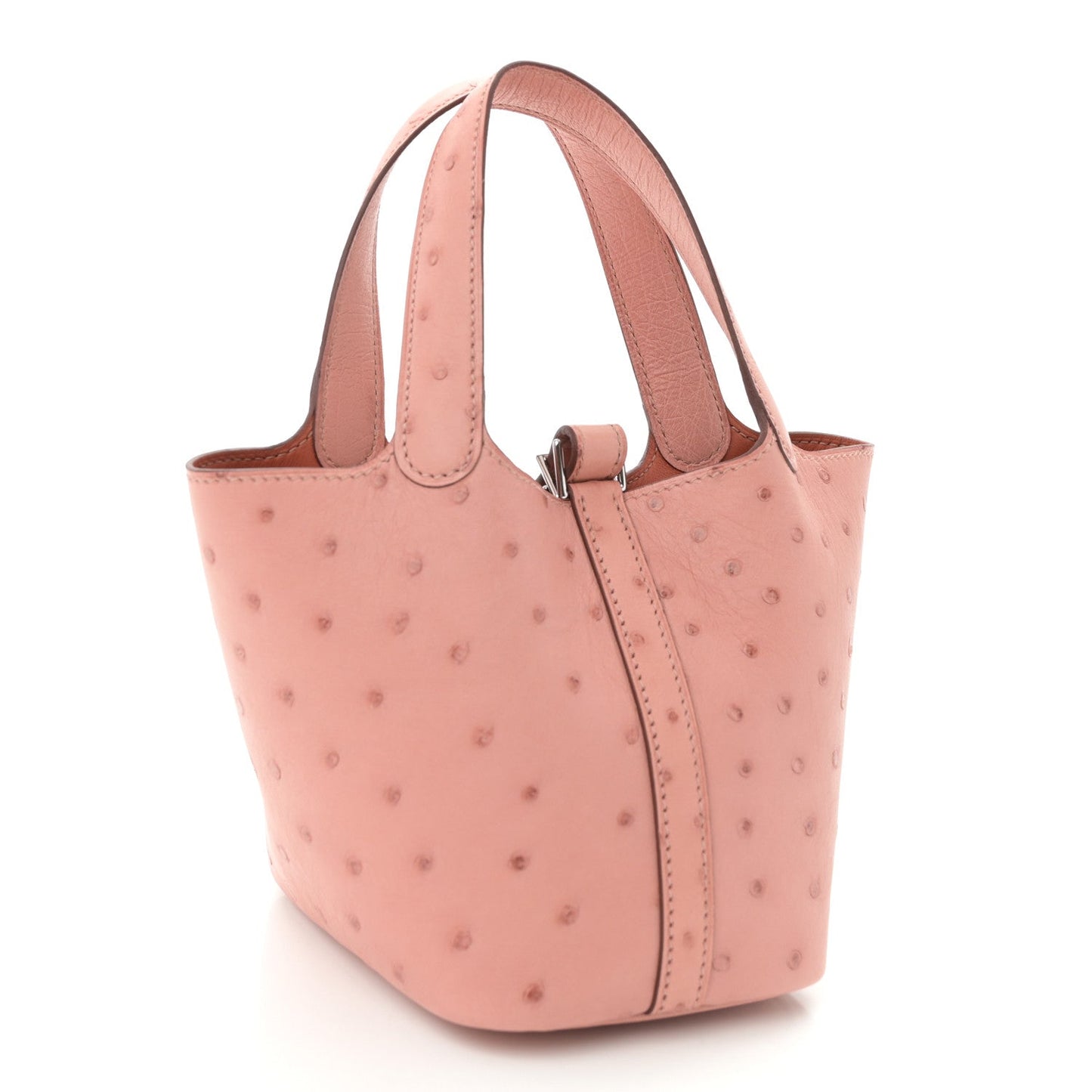 Light pink ostrich leather mini bucket bag with structured top handles and side strap