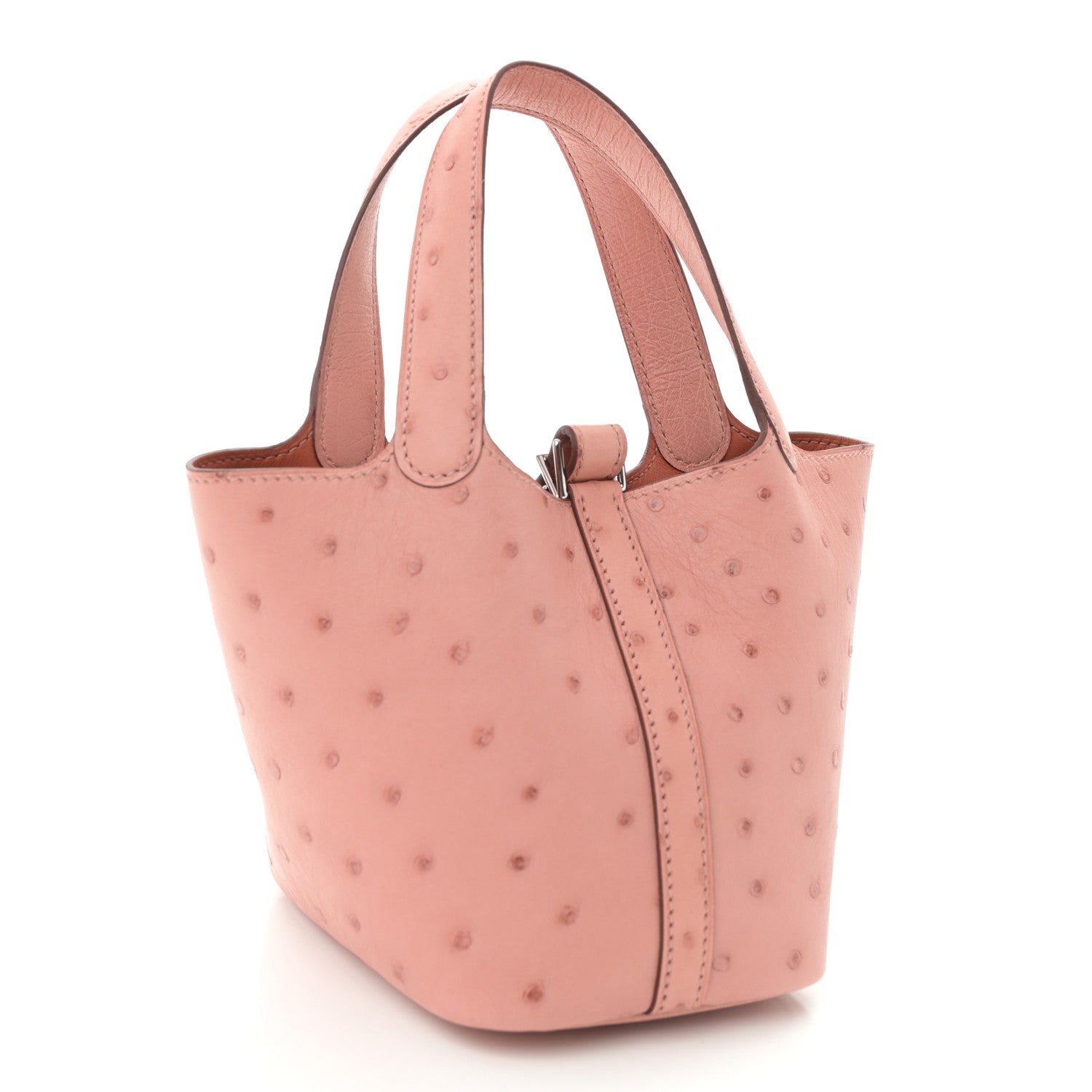 Light pink ostrich leather mini bucket bag with structured top handles and side strap