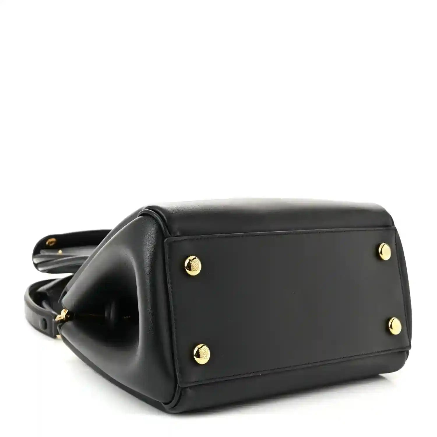 Loewe Small Madrid bag in black leather with gold-tone studs and zip-front styling.