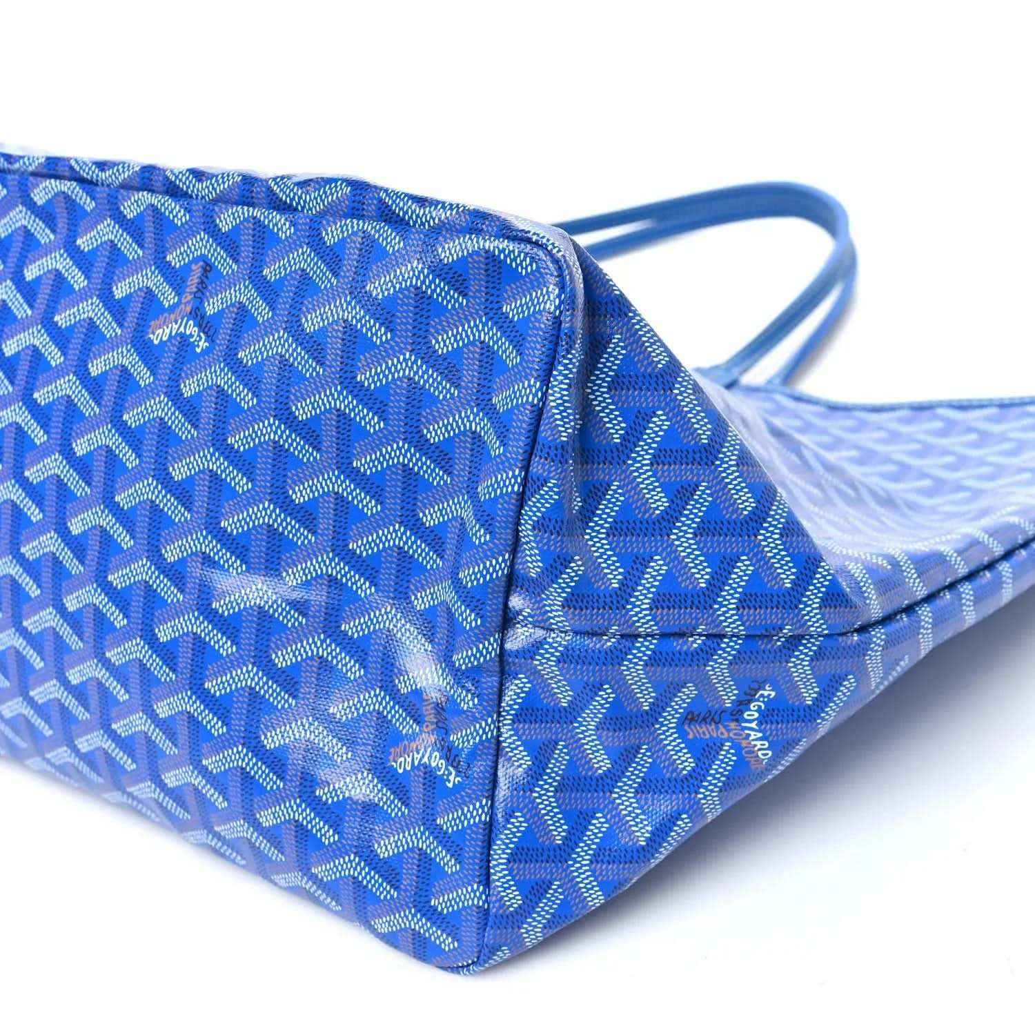 Sky blue Goyardine pouch side with woven pattern and zip track detail.