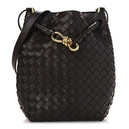 Small intrecciato nappa leather bucket bag, dark color, braided strap and metal clasp