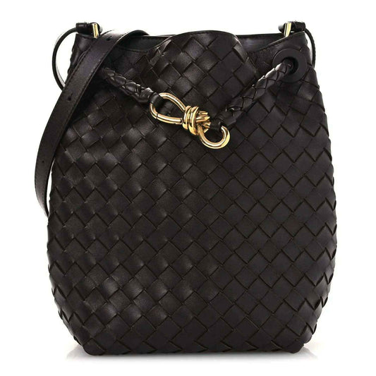 Small intrecciato nappa leather bucket bag, dark color, braided strap and metal clasp