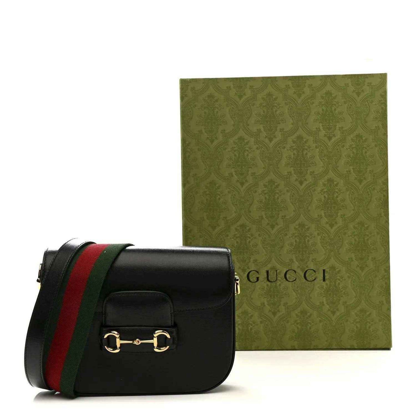 Black mini horsebit shoulder bag with red and green Web stripe strap, gold clasp