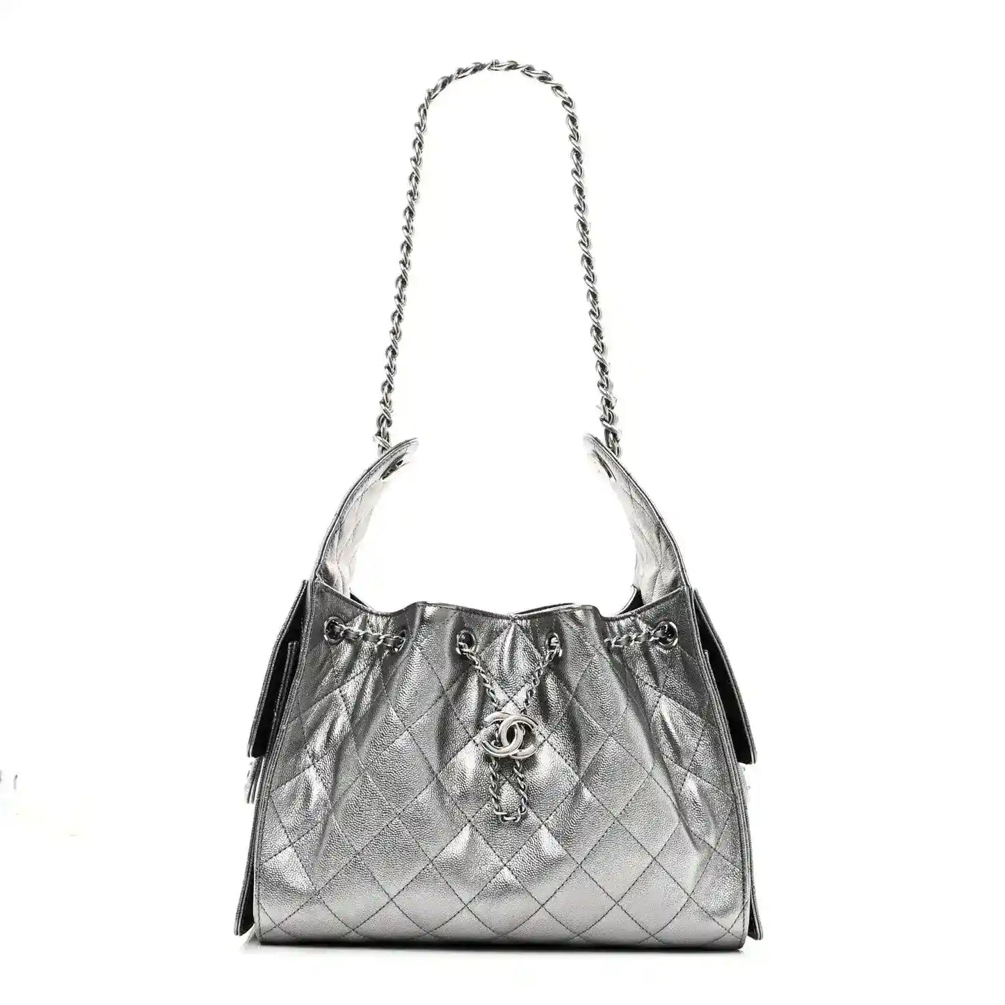 Chanel metallic caviar quilted small handbag with silver chain strap and drawstring closure