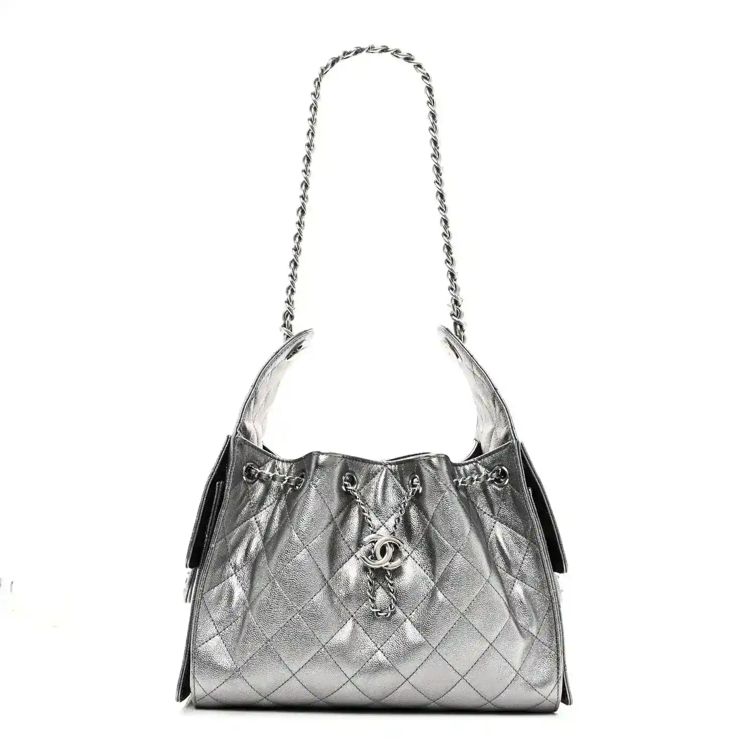 Chanel metallic caviar quilted small handbag with silver chain strap and drawstring closure