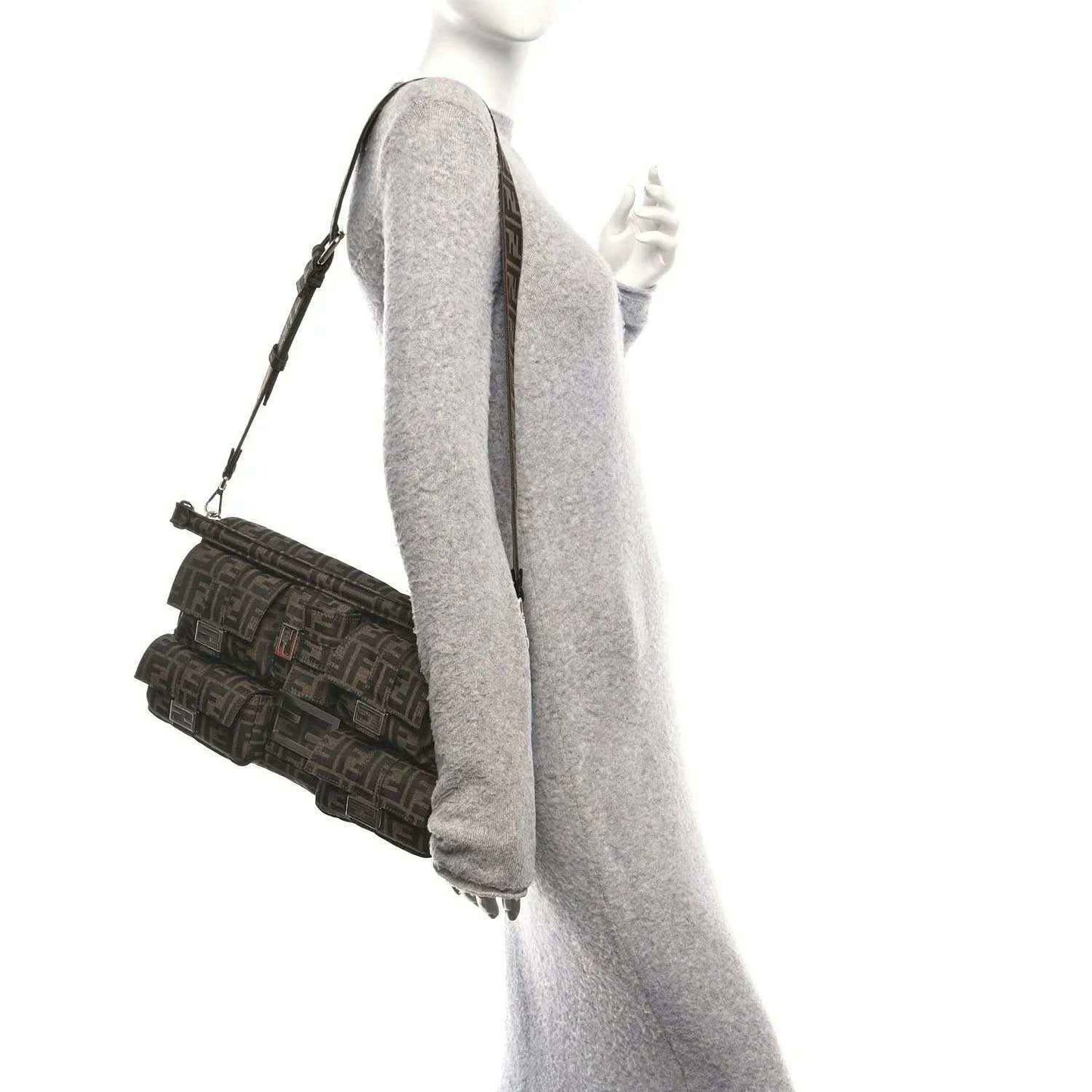 Fendi Zucca canvas maxi baguette shoulder bag, dark brown FF print, chain strap.