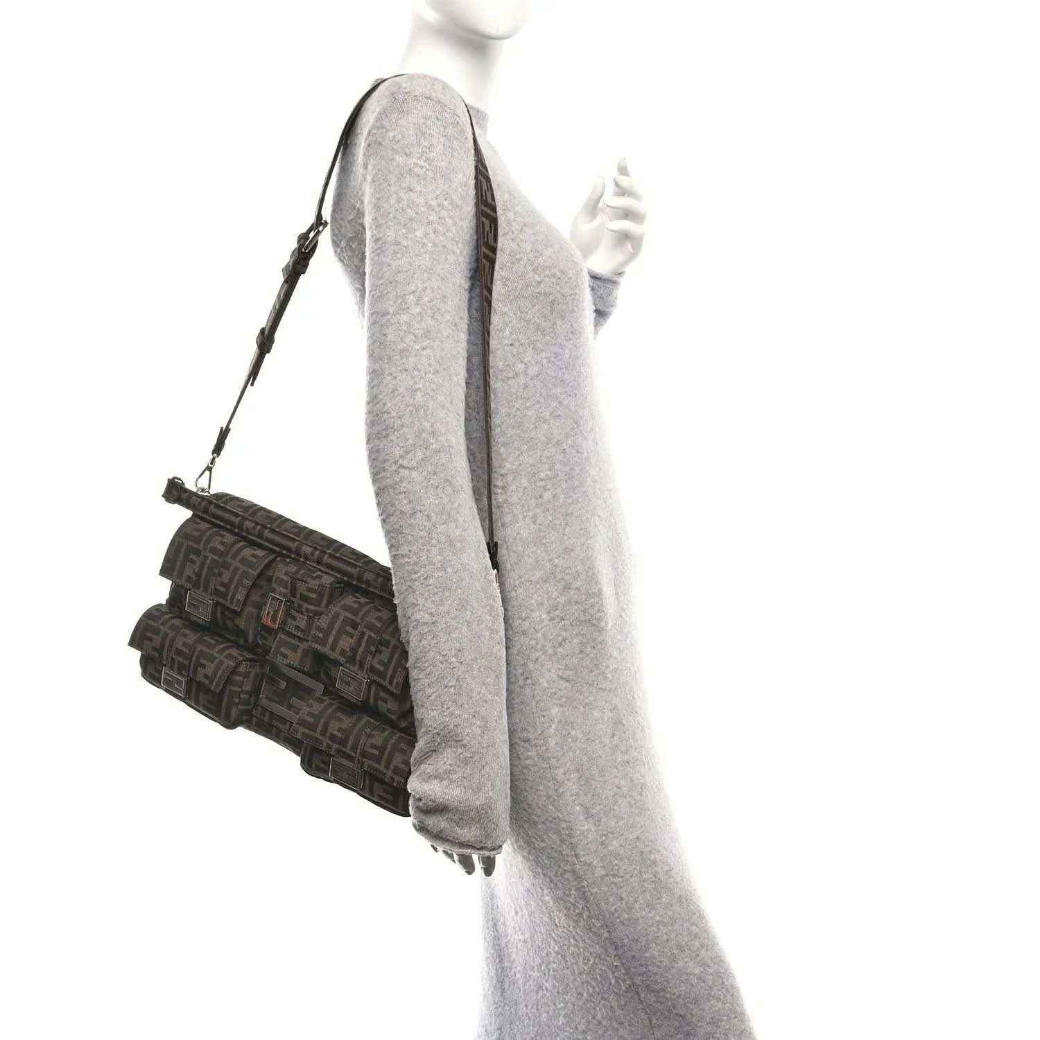 Fendi Zucca canvas maxi baguette shoulder bag, dark brown FF print, chain strap.