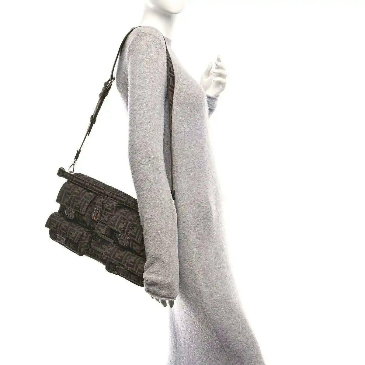 Fendi Zucca canvas maxi baguette shoulder bag, dark brown FF print, chain strap.