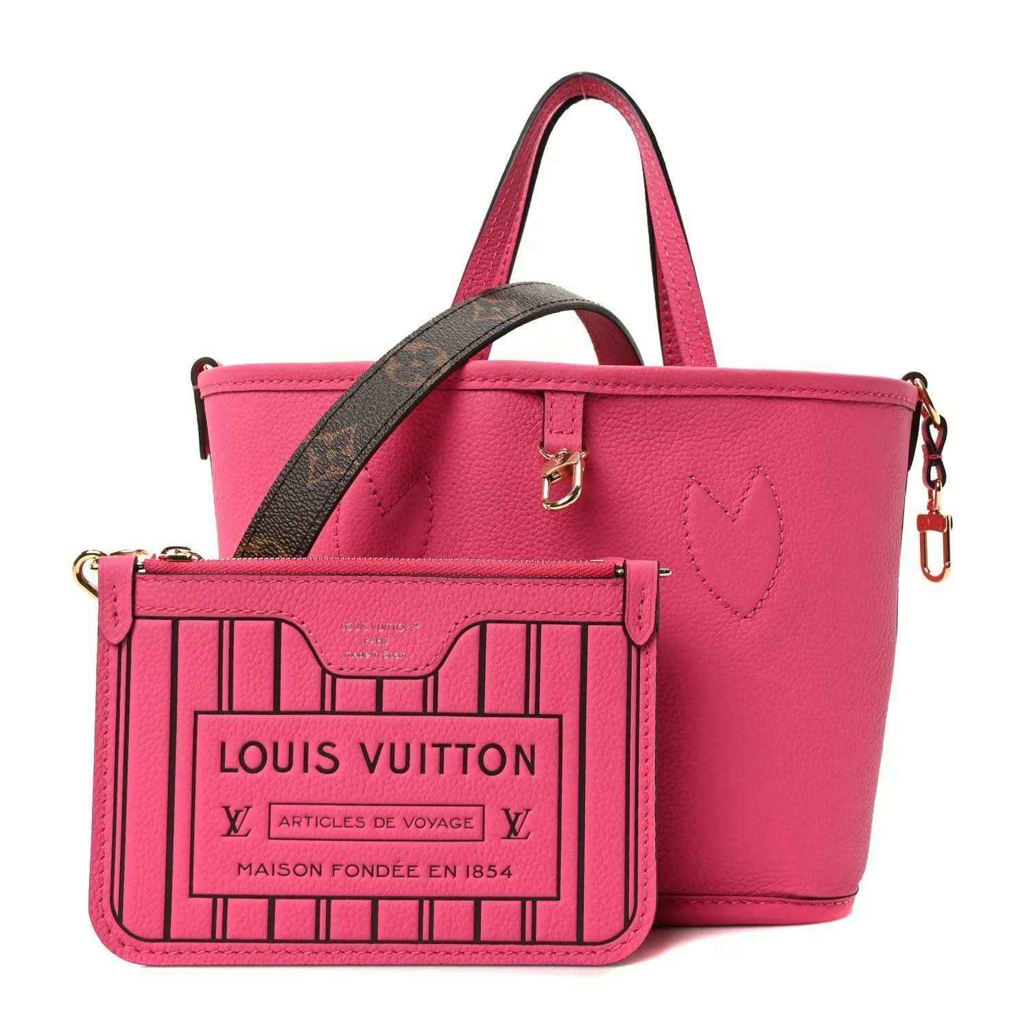 Louis Vuitton Neverfull BB tote with attached pink pouch showing logo label and zipper