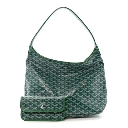Green chevron hobo bag with flap front pocket and gold-toned logo hardware