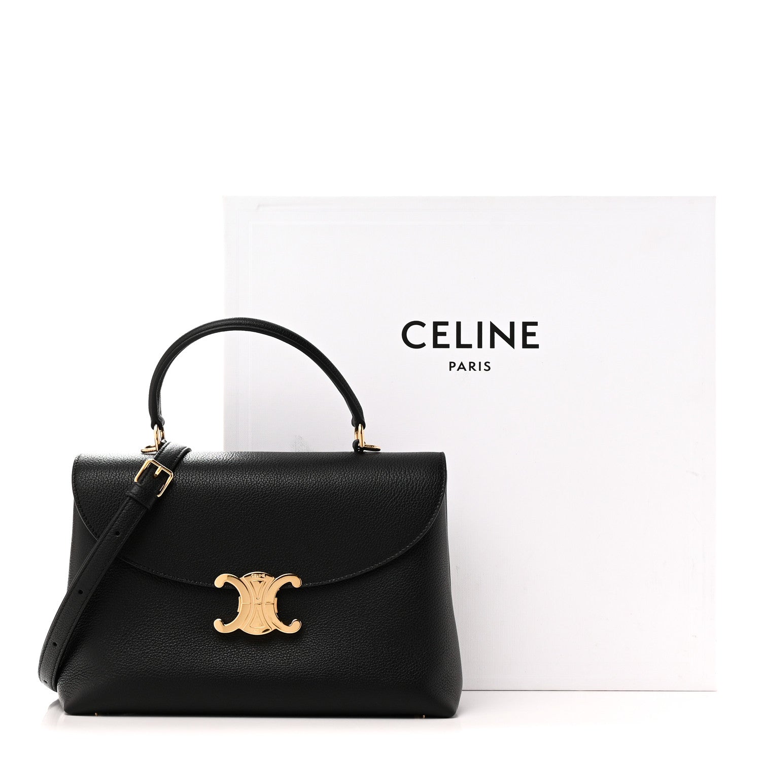 Celine black calfskin medium Nino handbag with curved top handle, long strap, gold clasp