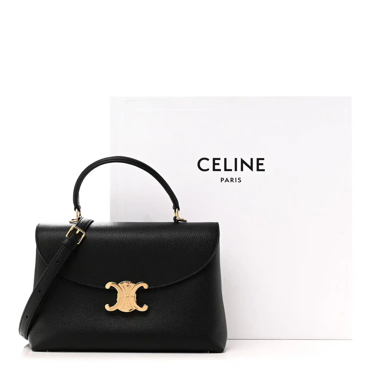 Celine black calfskin medium Nino handbag with curved top handle, long strap, gold clasp