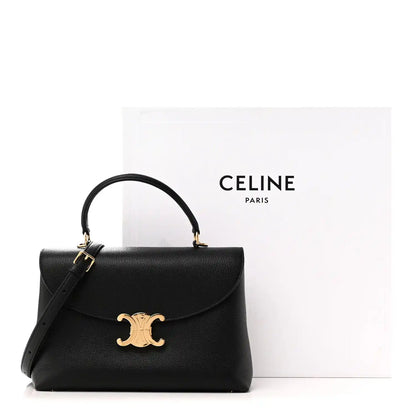 Celine black calfskin medium Nino handbag with curved top handle, long strap, gold clasp