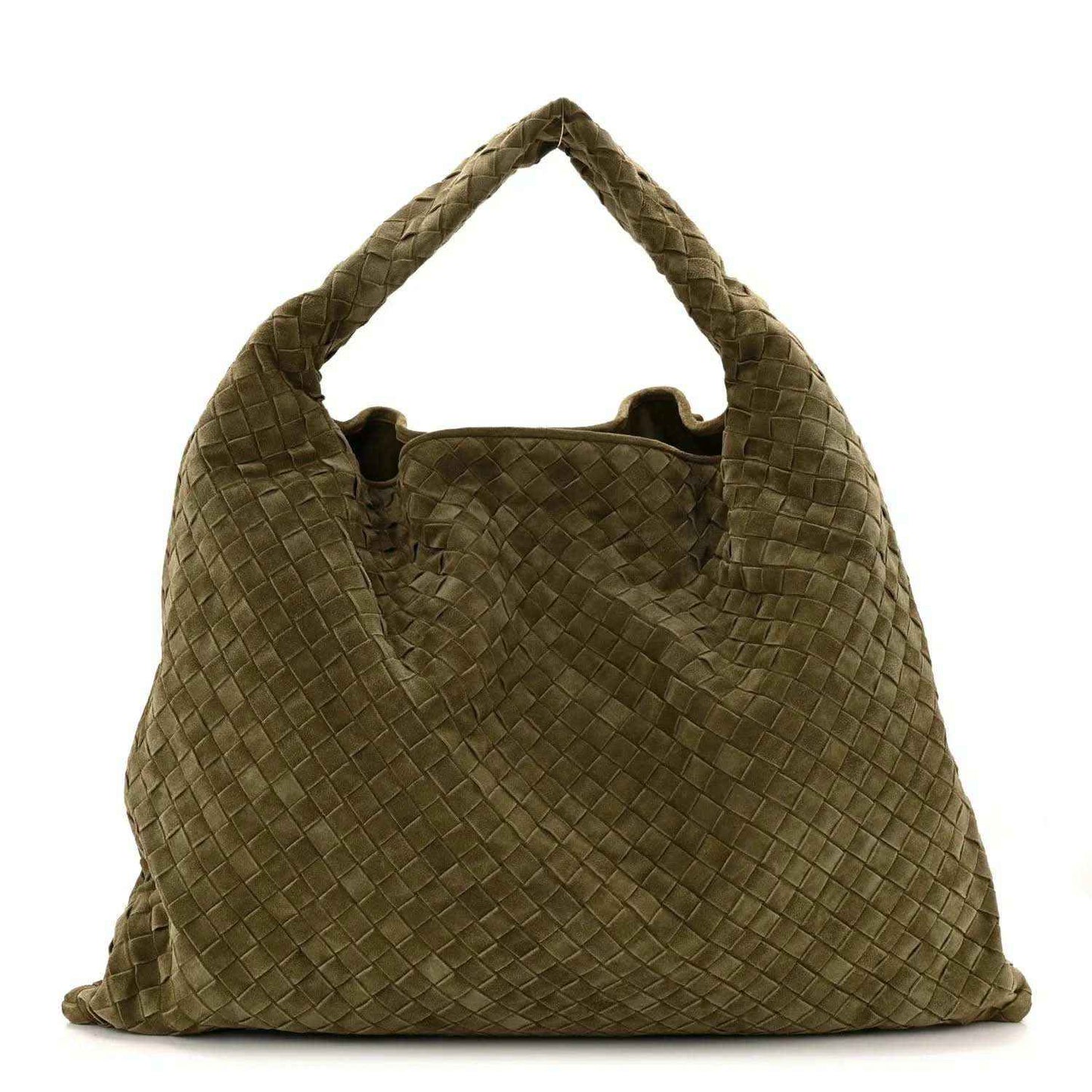 Suede intrecciato large hobo bag in mud green with woven texture and top handle